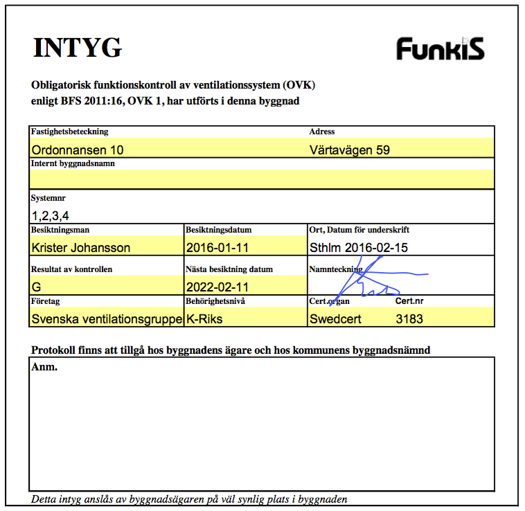 Obligatorisk ventilations kontroll (OVK) Mätintyg för 2016-2022